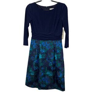 Eliza J Dress Fit and Flare Floral Jacquard Blue Green Size 4 Mixed Media